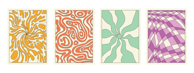 Groovy cartoon psychedelic patterns set. Artistic retro abstract wavy stripes and irregular figures, sun with radial rays and liquid in backgrounds collection of 70s 80s style vector illustration
