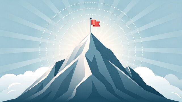 Red flag flying high atop a snowy mountain peak under bright sunlight