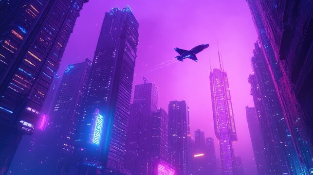 Futuristic city with flying vehicle in purple neon glow