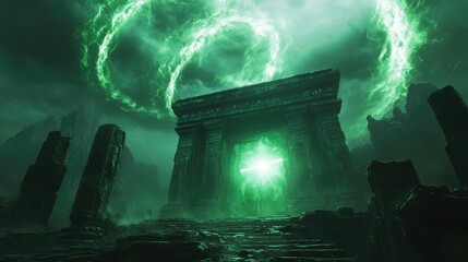 Ancient stone portal radiating green magical energy