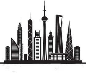 Fototapeta premium Modern minimalist black-and-white vector city skyline with geometric buildings, sharp silhouettes, long shadows, clean outlines, balanced negative space, and professional corporate style.