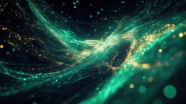 Flowing green gold particles creating a digital bokeh effect