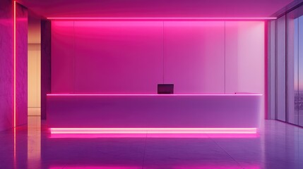 Modern office reception desk glowing with pink neon lights