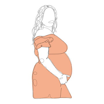 Dessin en ligne continue d'une femme portant un enfant, donner la vie, grossesse et maternit&eacute;, line art, vecteur