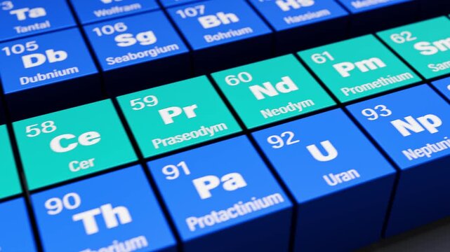 17 rare earth elements in the periodic table of elements in German language with atomic number, symbol and name of all elements and blue color for rare earths. Loopable video with moving camera