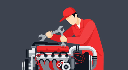 Skilled automotive mechanic fixing a car engine, illustrating professional auto repair and maintenance services in a modern flat design style