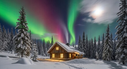 Cozy cabin under the vibrant aurora borealis in a snowy forest