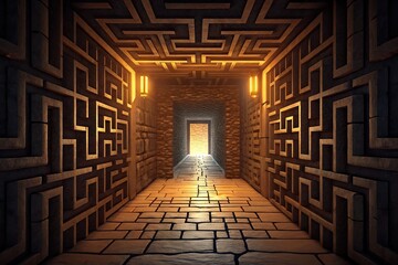 Mysterious ancient stone corridor with glowing light at the end