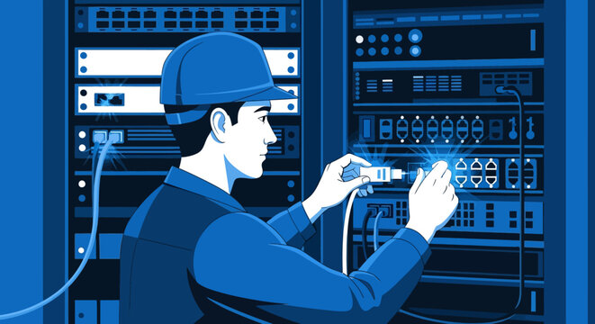 Network Technician Inspecting Cables in a Server Room