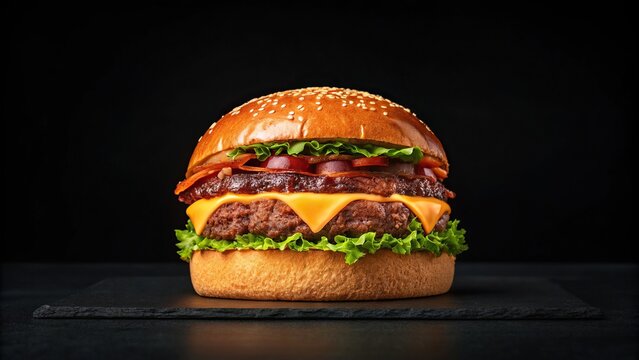 Gourmet double cheeseburger with bacon and fresh toppings - Powered by Adobe