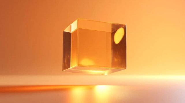 A clear, floating rectangular prism with gold accents reflecting warm, amber tones