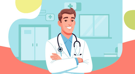 Friendly doctor in white coat with stethoscope, ready to provide medical service