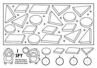 Christmas I spy black and white game. Searching, counting, shape recognition activity with penguins and ice floes. New Year line printable worksheet for kids. Winter holiday puzzle, coloring page © Lexi Claus