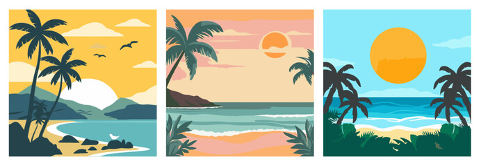 Tropical beach landscape vector set. Palm trees, coastline, sunset, summer vacation, and ocean scenery illustration perfect for travel, nature, and paradise design themes © hadi