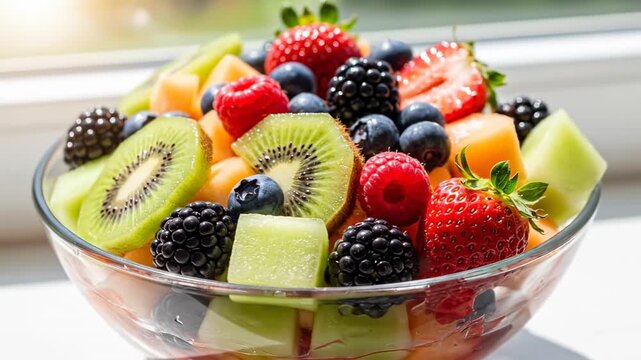 Fresh Fruit Salad Bowl Healthy Refreshing Mix of Berries and Melon.