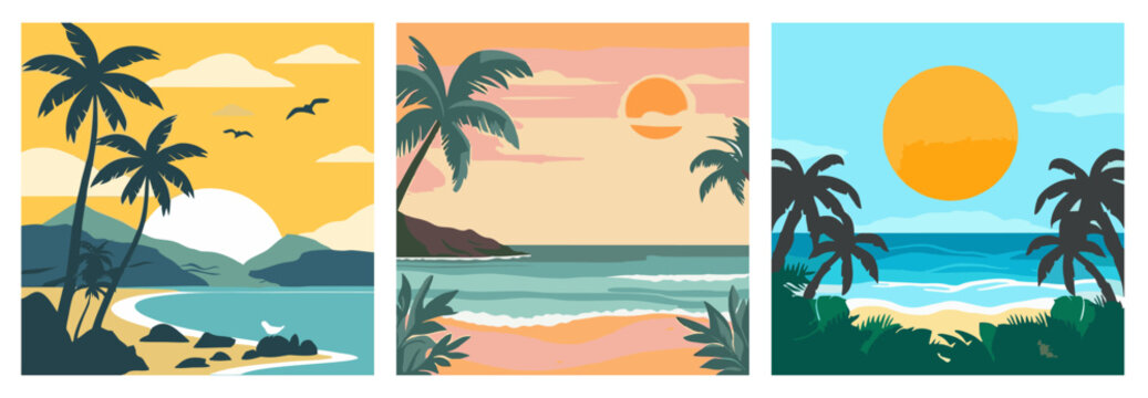 Tropical beach landscape vector set. Palm trees, coastline, sunset, summer vacation, and ocean scenery illustration perfect for travel, nature, and paradise design themes