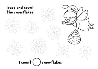 Christmas black and white counting, drawing game with angel sprinkling snowflakes. New Year line math and tracing activity. Simple sums winter holiday printable worksheet, coloring page for kid