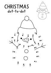 Christmas vector dot-to-dot and color activity with cute snowman in warm hat. Black and white New Year connect the dots game for children with holiday symbol. Winter line printable worksheet