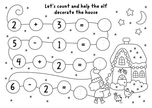 Counting preschool black and white game with elf decorating house with ornaments. New Year line math addition activity. Simple sums holiday printable worksheet, coloring page for kids
