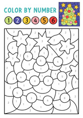 Vector Christmas color by number activity with decorated fir tree. Winter black and white counting, game. New Year coloring page for kids. Line printable worksheet with holiday symbol
