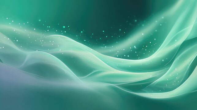 Abstract flowing green light waves with glowing particles