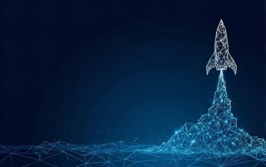 Digital rocket ship launching with geometric design on a dark blue background representing innovation and technological advancement