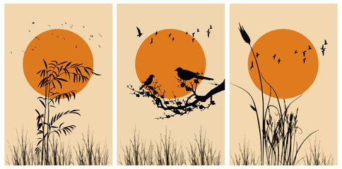 Nature silhouette landscape vector set. Birds, bamboo, grass, and sunset illustration perfect for wildlife, zen, minimal, and natural scenery design themes