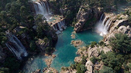 Breathtaking aerial landscape showcases multiple waterfalls cascading into a turquoise pool surrounded by rocks.