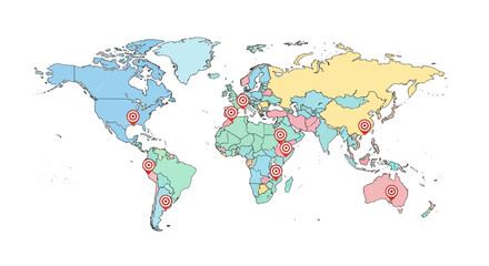 Obraz premium World map highlighting various global locations with target symbols designating areas of focus for