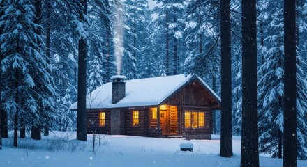 Cozy wooden cabin in a snowy forest with smoke coming from chimney