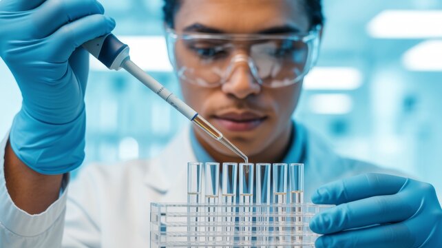 Scientist Working with Pipette in Modern Laboratory. scientist wearing gloves and lab coat meticulously transferring clear liquid using a pipette into test tubes. biotechnology, medical research - Powered by Adobe