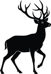 Obraz premium “Elegant deer silhouette with large antlers, bold black shape, clean minimal style, wildlife vector illustration suitable for logos, branding and nature-themed designs.”