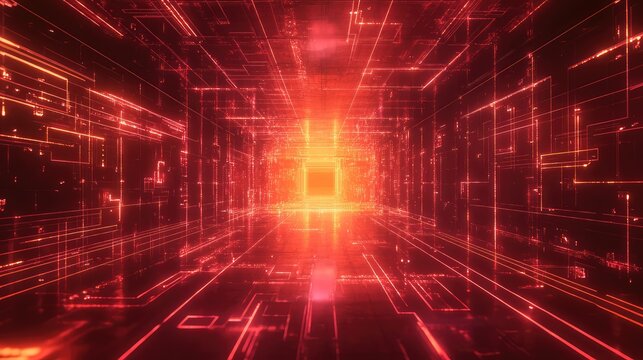Data tunnel flowing with red glowing digital light