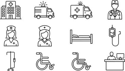 Fototapeta premium Essential healthcare icons: Hospital, ambulance, doctor, nurse, bed, and wheelchair for medical professionals seeking modern line art designs