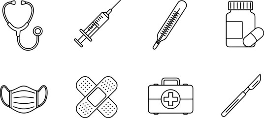 Essential medical equipment icons for healthcare, first aid, and wellness, perfect for clinic signage, educational materials, and pharmaceutical branding