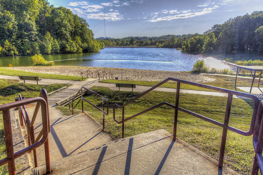 Stairway to Lake Boutin. Steps leading from the parking lot to the lake with multiple landings and guardrails makes for an interesting display of geometric shapes. 