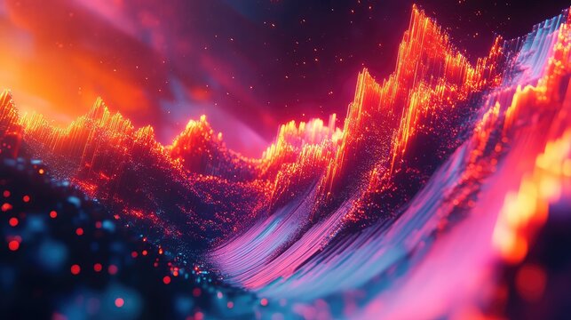 Digital data visualization creating abstract sound waves landscape - Powered by Adobe