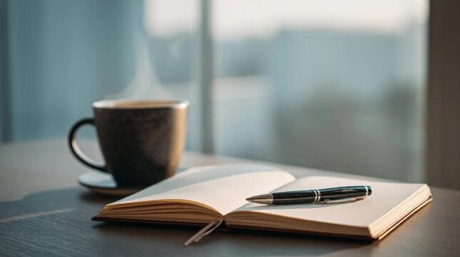 A clean modern workspace featuring a hot coffee beside an open notebook and pen, lit by soft window light, symbolizing creativity and comfortable productivity.