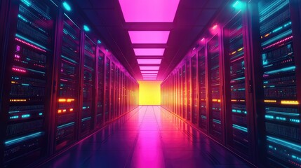 Glowing data center server racks storing information