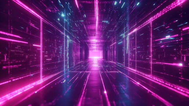 Digital data tunnel with glowing neon lines
