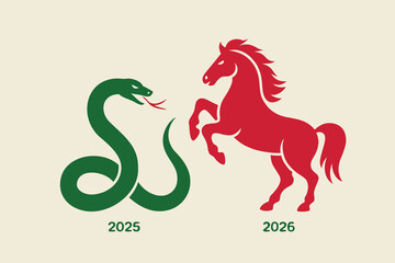 Vector illustration of the chinese zodiac animals, featuring the wise snake for 2025 and the energetic horse for 2026, isolated for horoscope and calendar designs