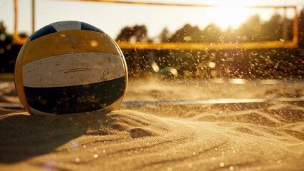 Old dirty volleyball rests upon sparkling golden sand during beautiful sunset hour. - Powered by Adobe