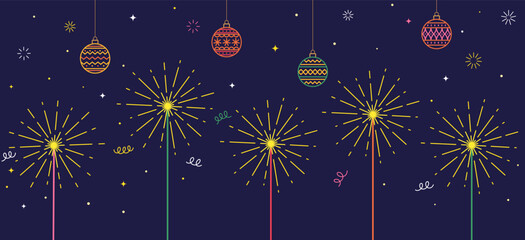 Night banner with sparkling sparklers, sparks, and hanging Christmas balls. Christmas design for New Year's celebration, banner, greeting, or poster.