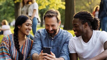 Candid Moments of Diverse People Smiling and Using Smartphones in Natural Daylight, Vertical Cinematic - Powered by Adobe
