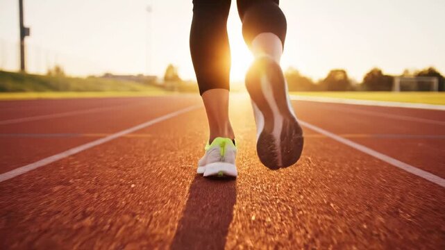 Runner jogging on track during sunset with bright sunlight  