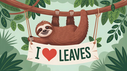 Brown sloth holding I love leaves sign hanging from branch illustration