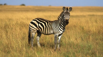 Fototapeta premium Majestic Zebra Standing in Golden Grassland Under Clear Blue Sky in Serene African Landscape