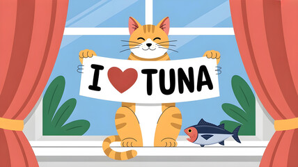 Orange tabby cat holding I love tuna sign by window illustration