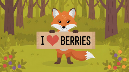 Red fox holding I love berries sign in forest illustration