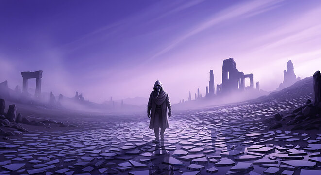 Person Walks Alone in Desolate Purple Landscape with Gas Mask and Ruined Structures Post Apocalyptic Setting Exploring Survival and Resilience in a Bleak Environment 200c